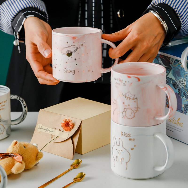 Hot Sale Gift Porcelain Mug Custom Logo Tea Cup Marble Ceramic Coffee Mug With Spoon Gift Box
