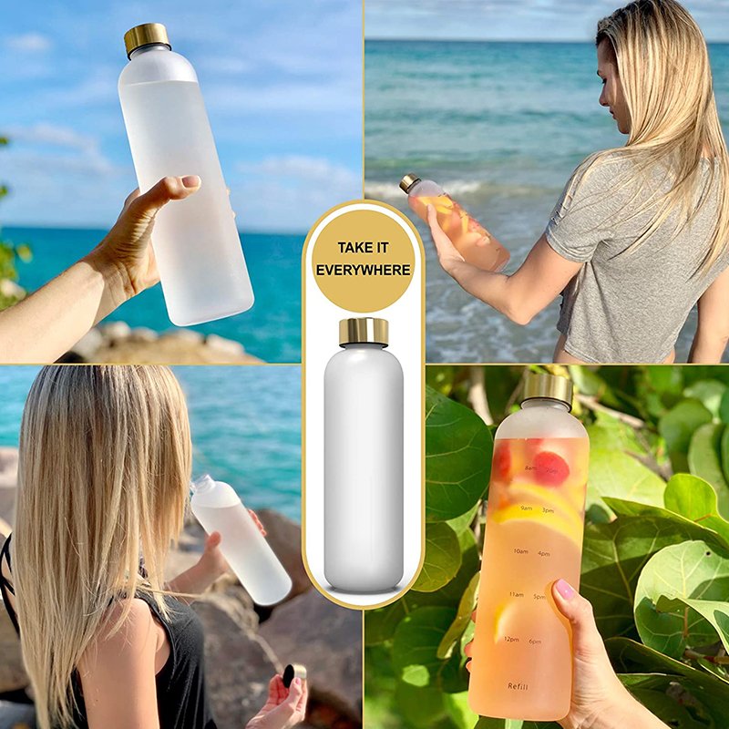 Time-stamped water bottle 32 ounces 1 liter reusable inspirational water bottle, take time to drink