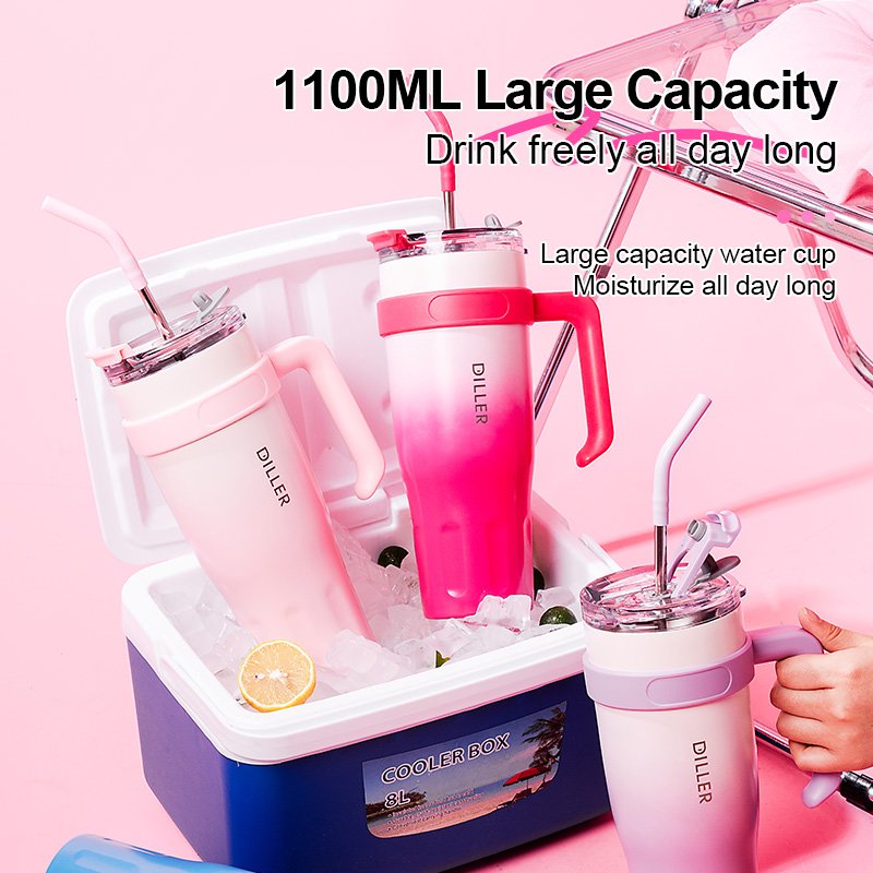 1100ml Insulated Tumbler with Handle and Straw Bulk Wholesale Travel Mug for Hot and Cold Beverage Durable Double Walled Design