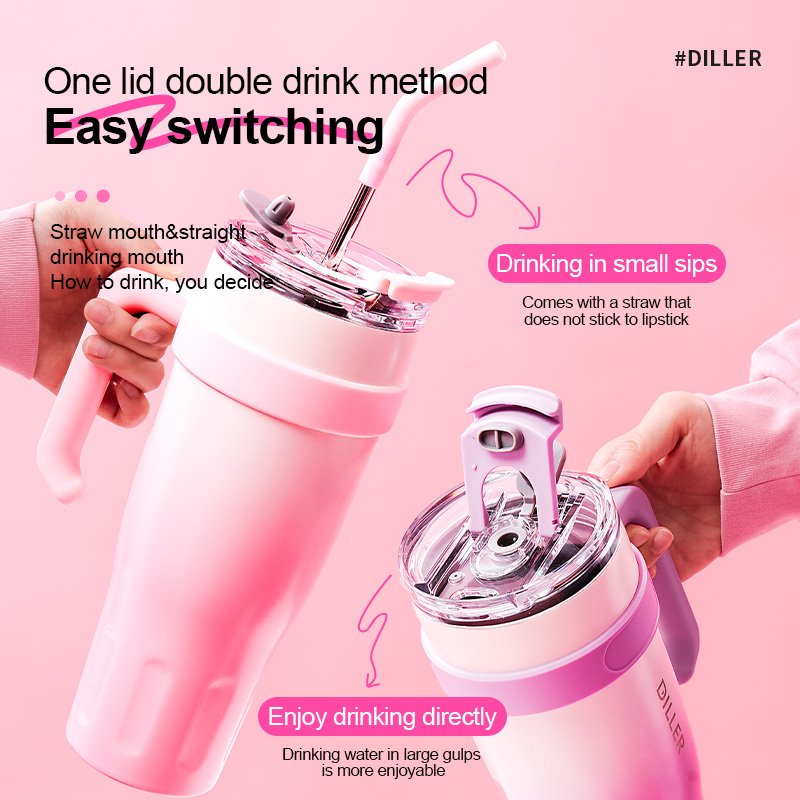 1100ml Insulated Tumbler with Handle and Straw Bulk Wholesale Travel Mug for Hot and Cold Beverage Durable Double Walled Design