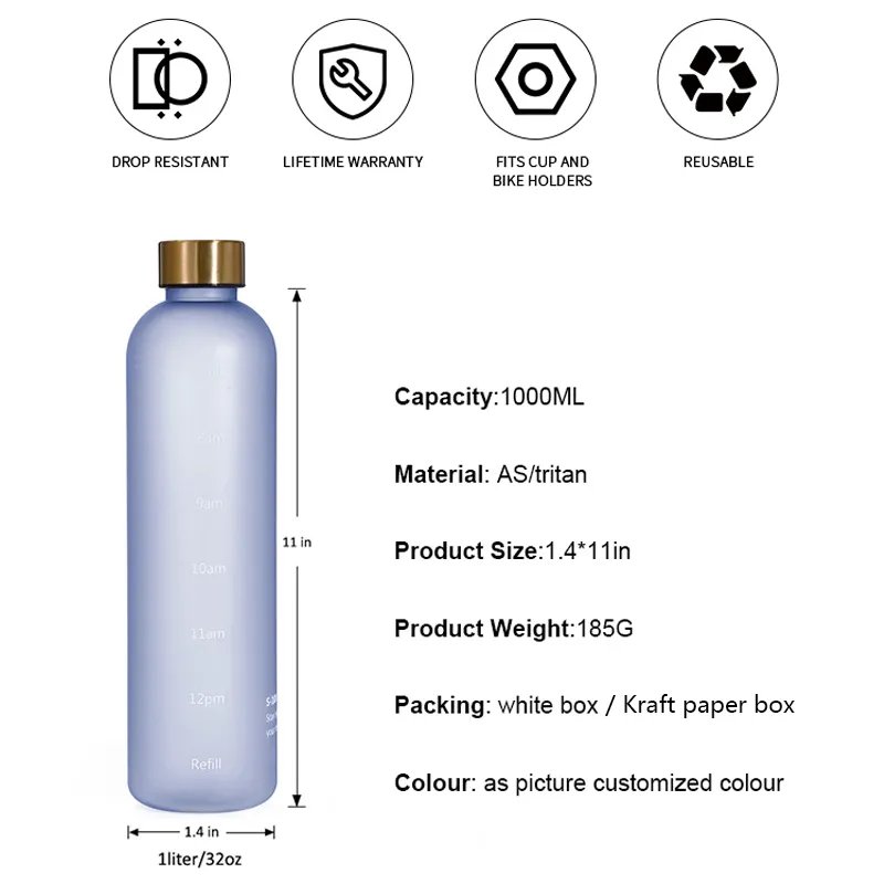 32oz 1L RTS Time Marker Leak Proof Tritan Motivational Bicycle Product Tritan Sport Frosted Plastic Water Bottle BPA Free