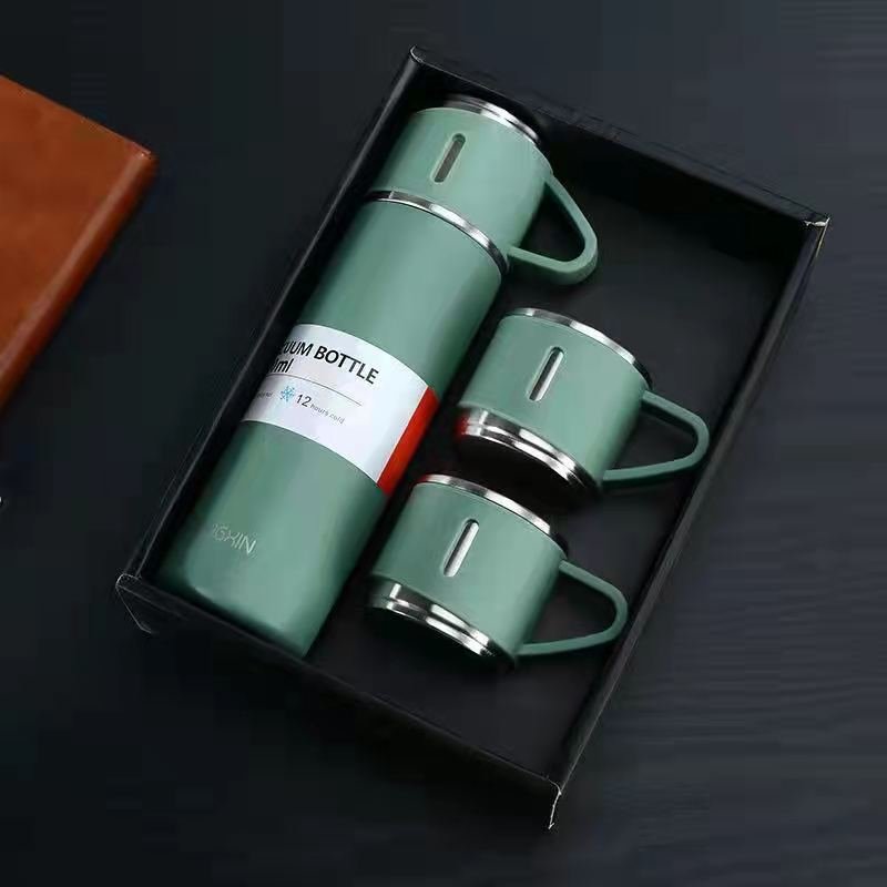 500ml Business Style Stainless Steel Vacuum Flask 3cup Lids Thermos Bottle Gift Set Outdoor Hot Water Thermal Insulation Cup