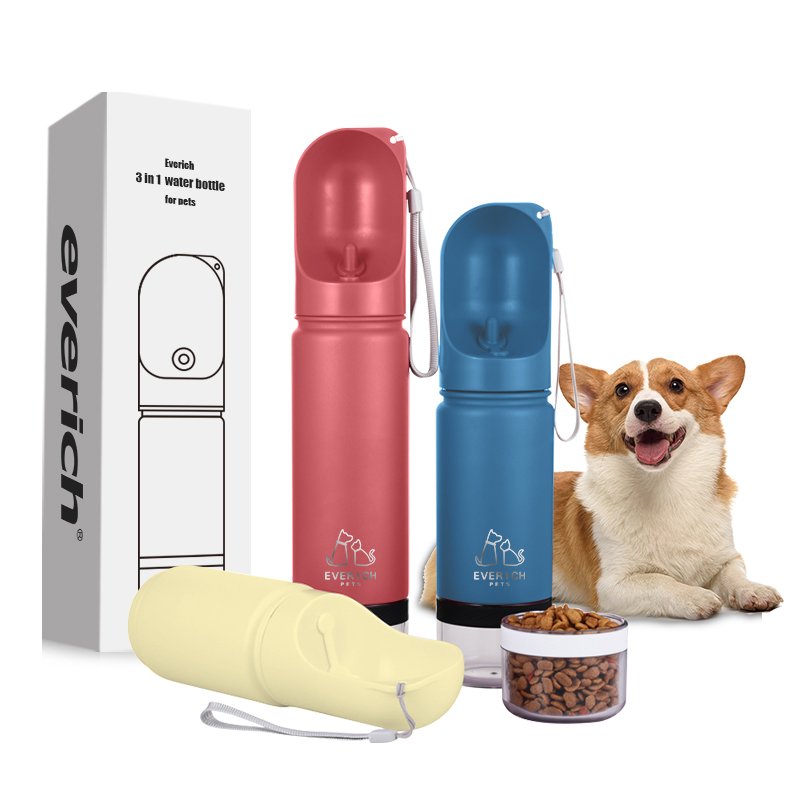 Everich Hot Selling pet dog drinking 3 in 1 Dogs Feeder 14oz Outdoor Pet Insulated Water Bottles with Food Containers