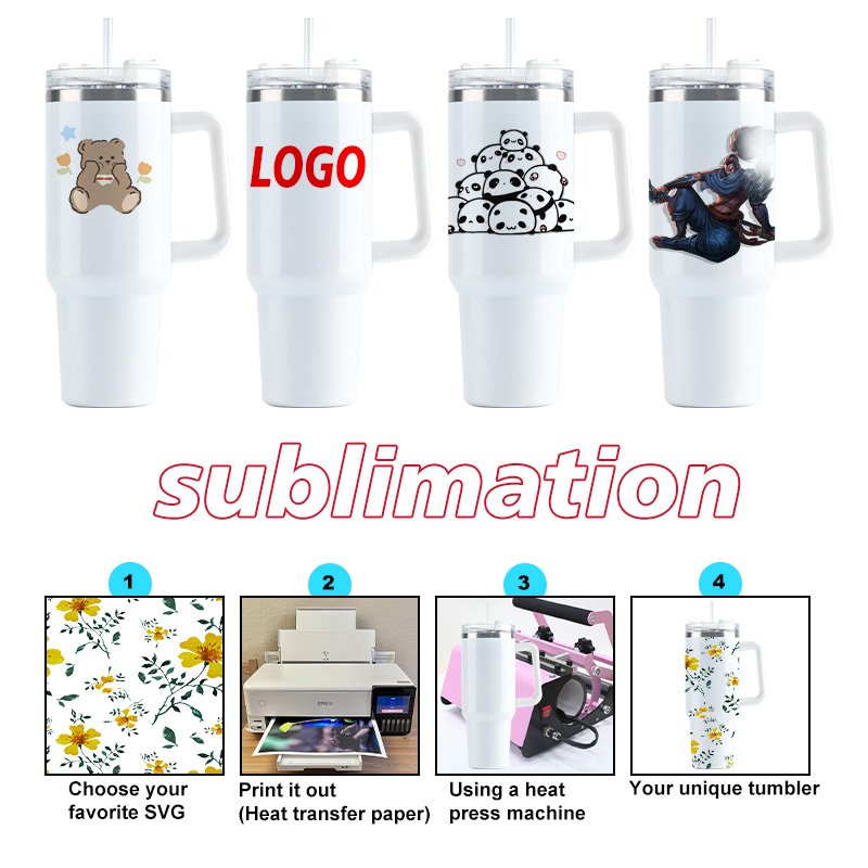 USA WAREHOUSE Double Walled Stainless Steel Travel Mug 40oz Tumbler With Handle Sublimation Blanks Cup Tumbler