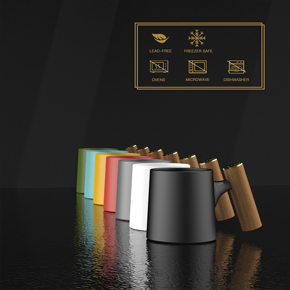 DHPO Premium Sustainable Ceramic Travel Coffee Mug Set Matte Black Luxury Gift Cup With Unique Wooden Handle