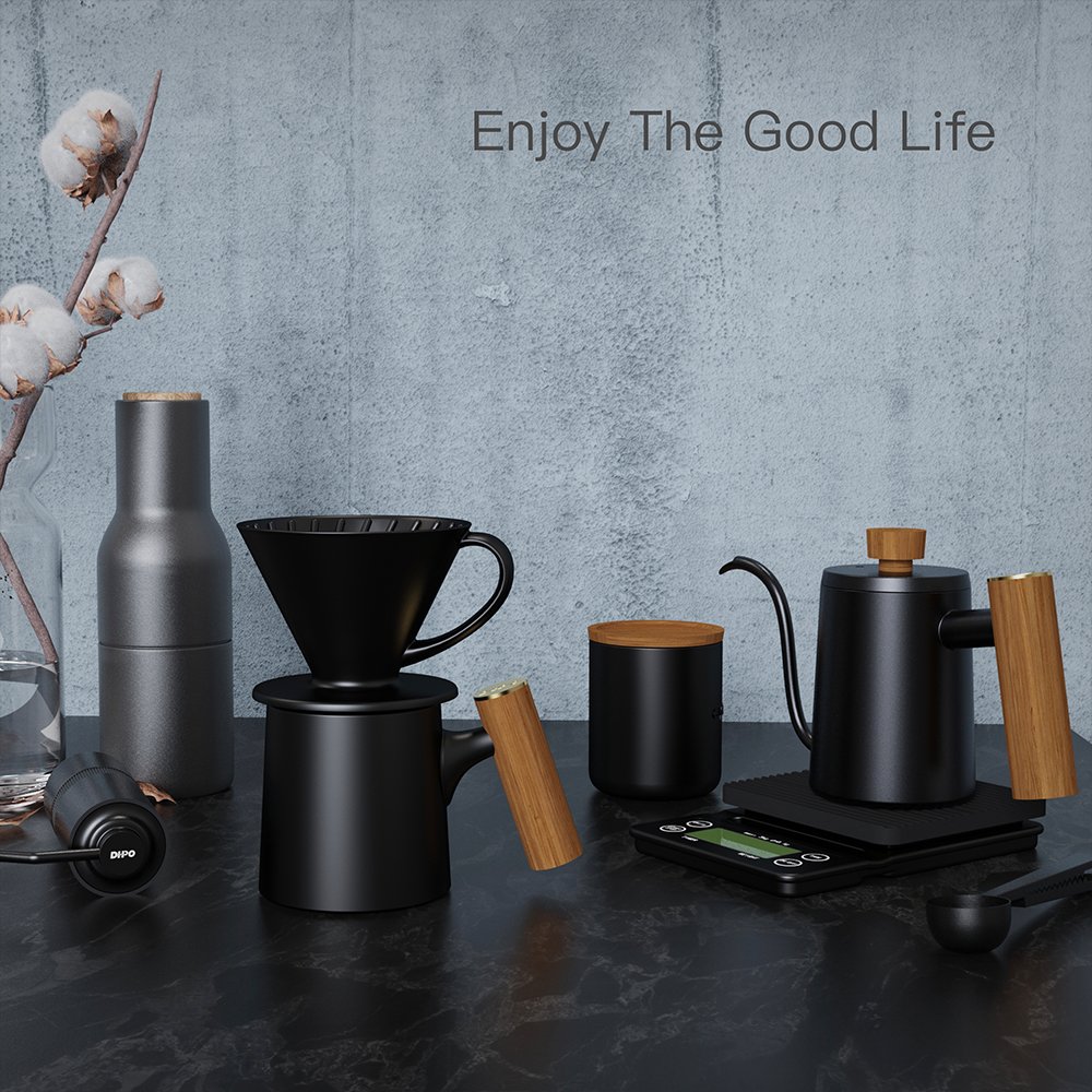 DHPO Premium Sustainable Ceramic Travel Coffee Mug Set Matte Black Luxury Gift Cup With Unique Wooden Handle
