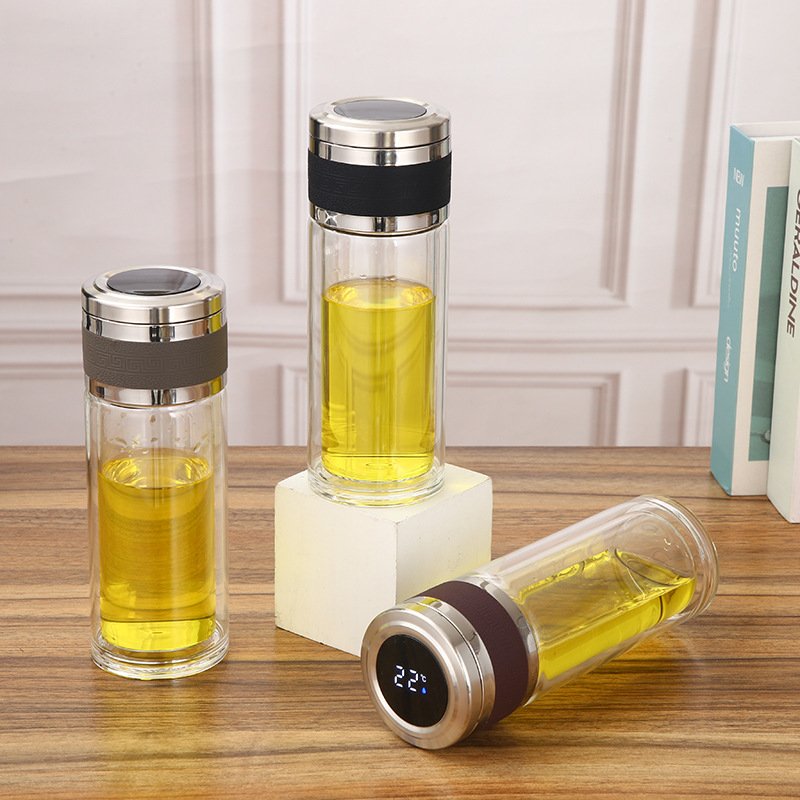 High Borosilicate Glass Tea Bottle Water and Tea Separation Glass Smart Tea Infuser Water Bottle with Led Temperature Display