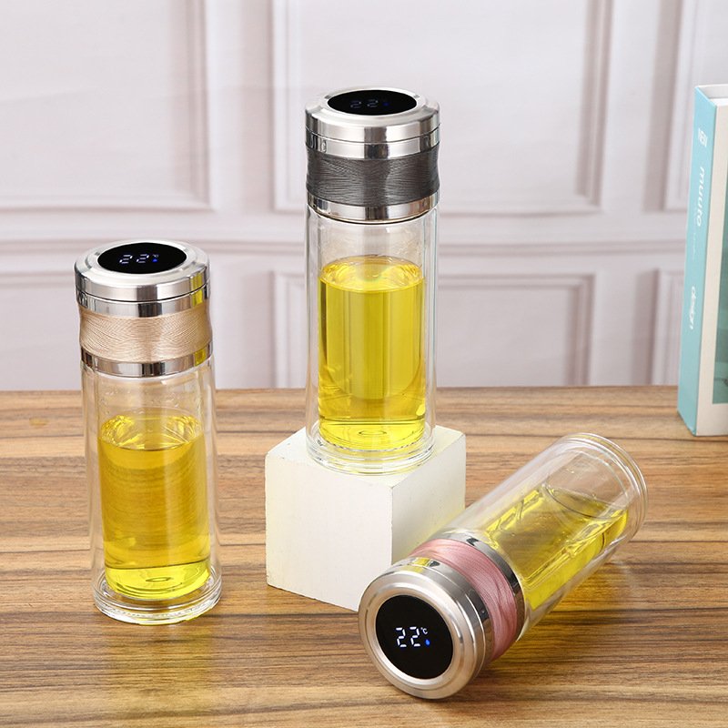 High Borosilicate Glass Tea Bottle Water and Tea Separation Glass Smart Tea Infuser Water Bottle with Led Temperature Display