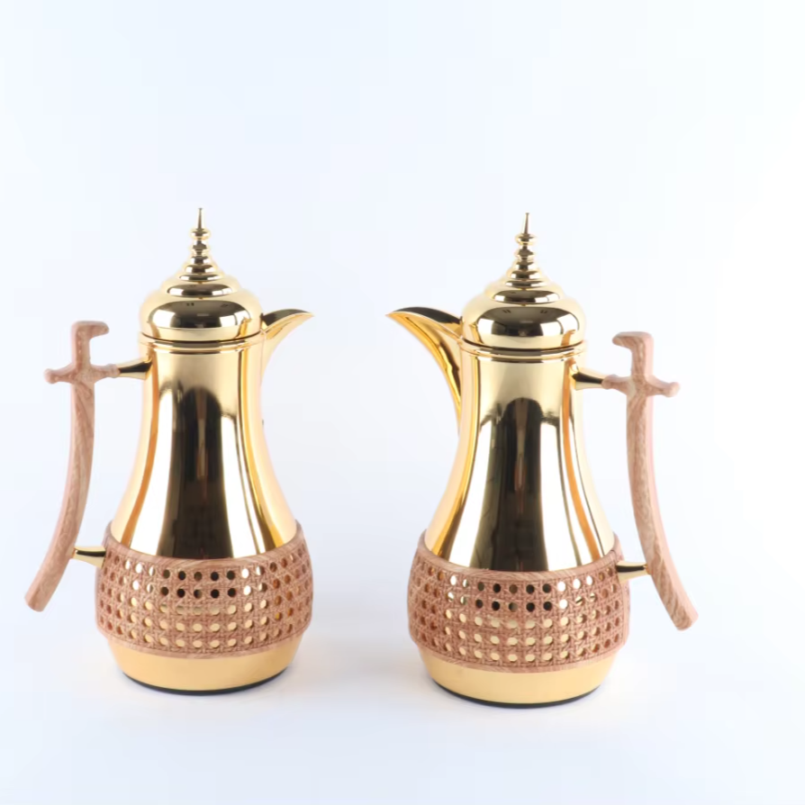 New Arrival 1L+1L Luxury Dalllah Pink Glass Refill Metal Shell Arabic Vacuum Flask Thermos Coffee Tea Pot Set