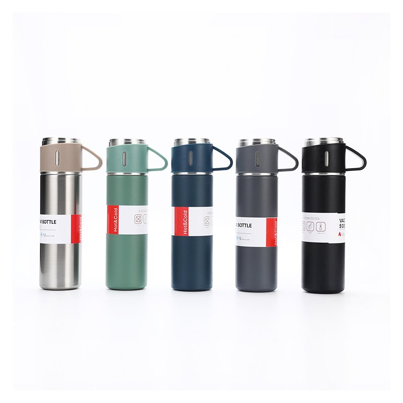 Top Quality Double Layer Stainless Steel Sport Water Bottle Two Cups Gift Set Bullet Type Vacuum Flask Gift Sets