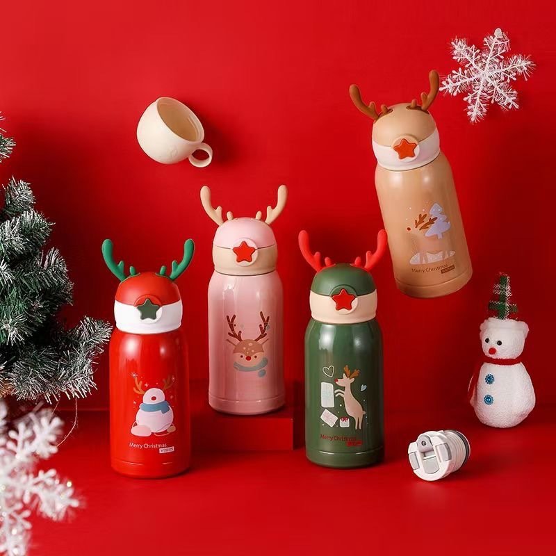 Kawaii 17oz children leakproof deer antler double wall vacuum thermos cup stainless steel insulated school kids water bottle