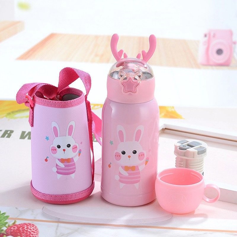 Kawaii 17oz children leakproof deer antler double wall vacuum thermos cup stainless steel insulated school kids water bottle
