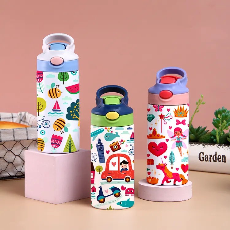 14oz Oem Carton Pattern Insulated Stainless Steel Vacuum Flask Water Bottles With Straw Lid For Kids
