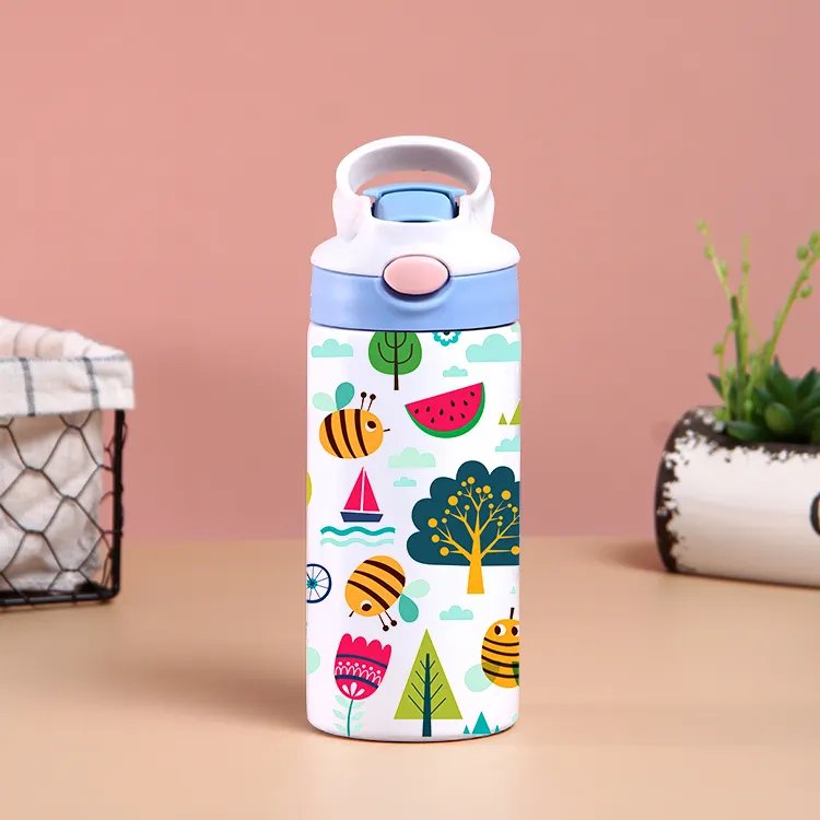 14oz Oem Carton Pattern Insulated Stainless Steel Vacuum Flask Water Bottles With Straw Lid For Kids