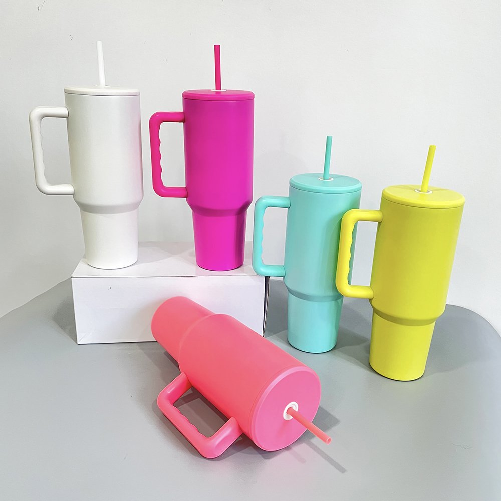 25PACK blank sublimation H3.0 40oz bright matte colored Vacuum Insulated Travel Coffee Mug with flat lid and handle