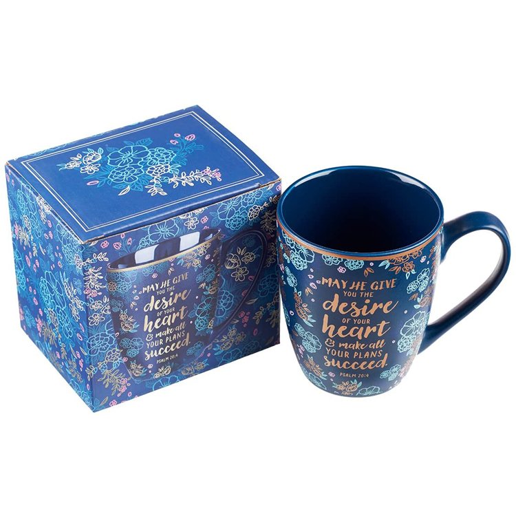 Blue Bible Verse Mug Floral Faith Ceramic Coffee Mug Porcelain Mug with Gold Trim & Psalm
