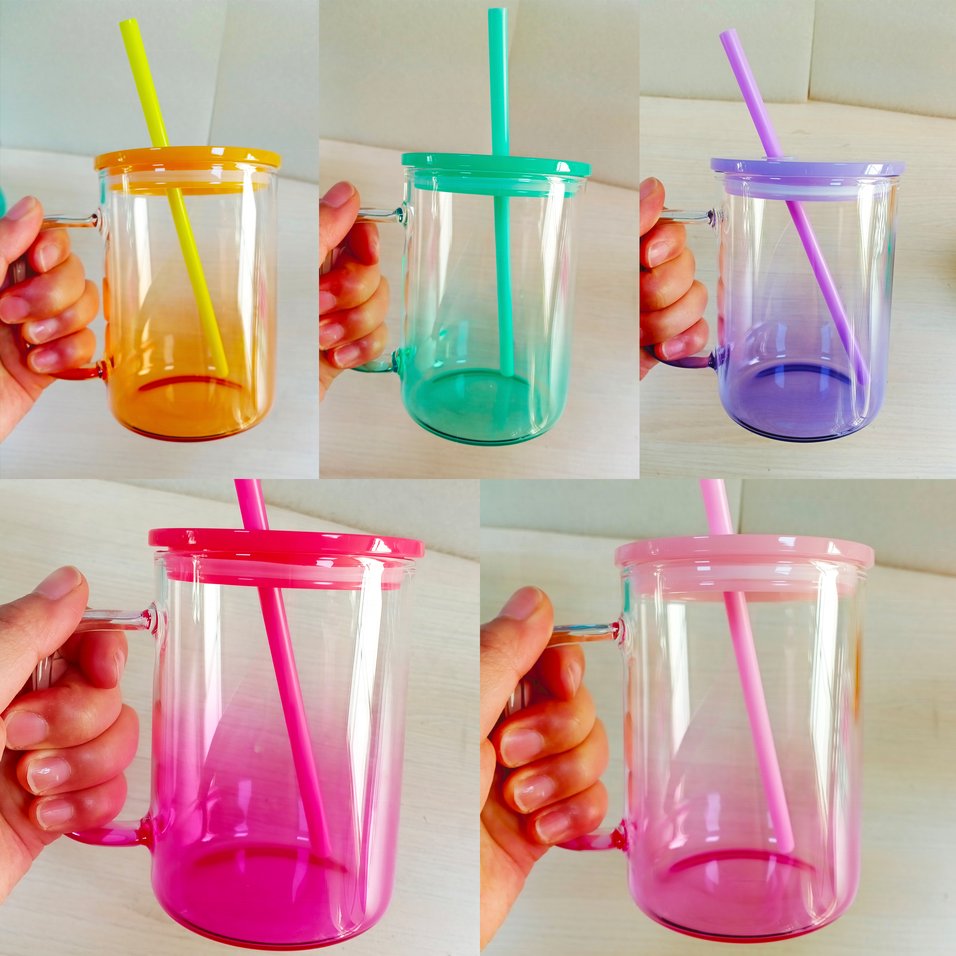 USA Warehouse 17oz Colorful Blank Sublimation Clear Ombre Jelly Glass Hot Chocolate Coffee Camper Color Mug With Plastic PP Lid