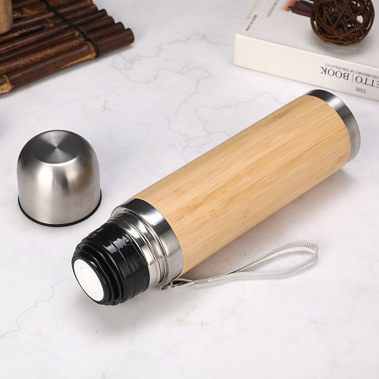 2024 New Products Outdoor Travel Flask 450ml Stainless Steel Insulated Vacuum Bullet Shape Bamboo Shell Water Bottle