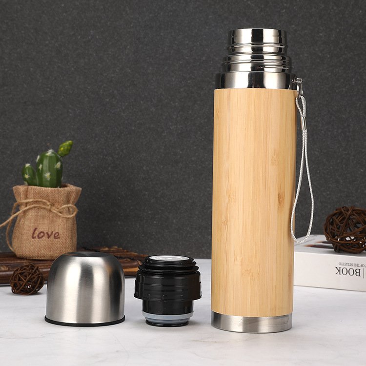 2024 New Products Outdoor Travel Flask 450ml Stainless Steel Insulated Vacuum Bullet Shape Bamboo Shell Water Bottle