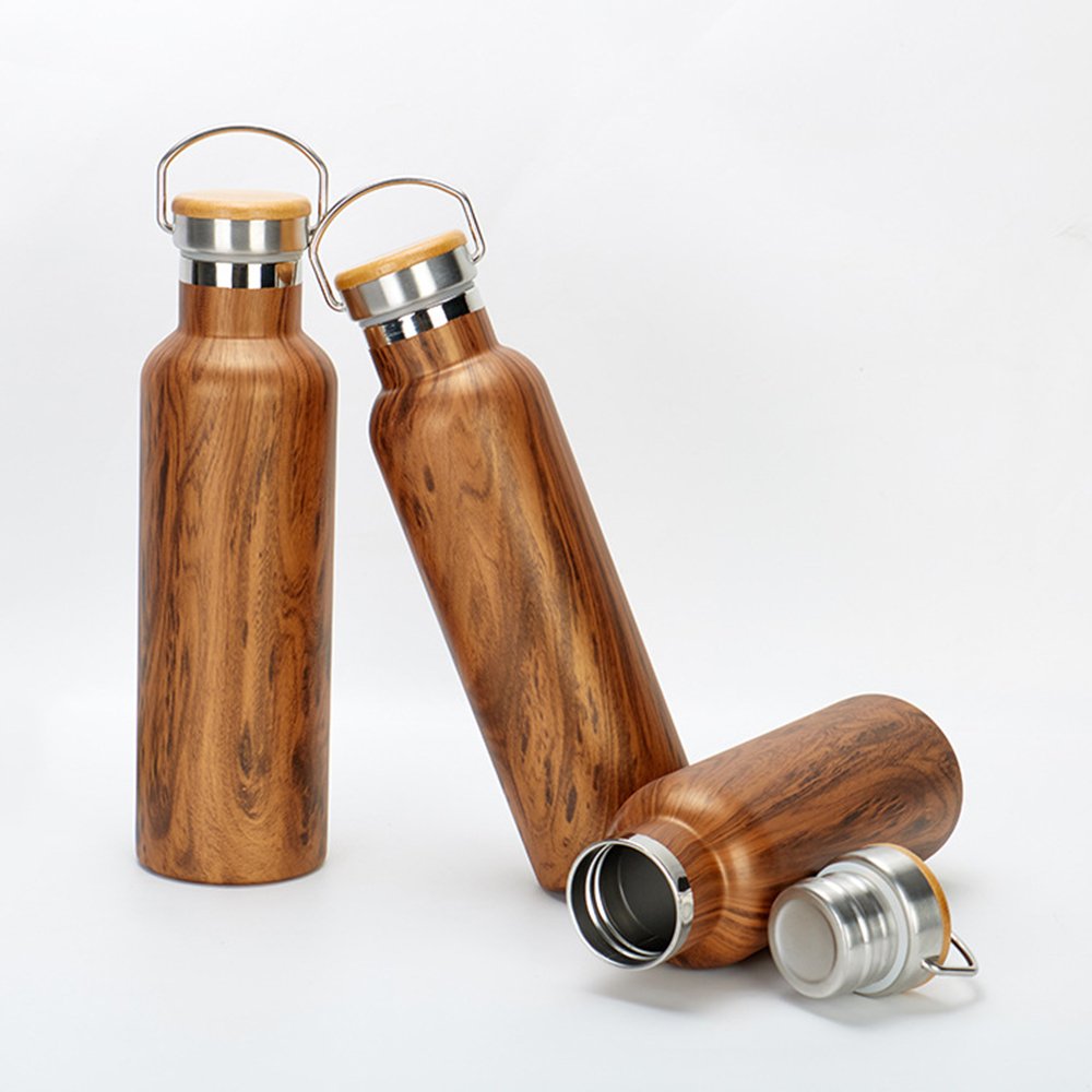 Wholes Wood Grain Hydro Stainless Steel Water Bottle with Bamboo Lid Outdoor Wide Mouth Sport Thermos Vacuum Flask