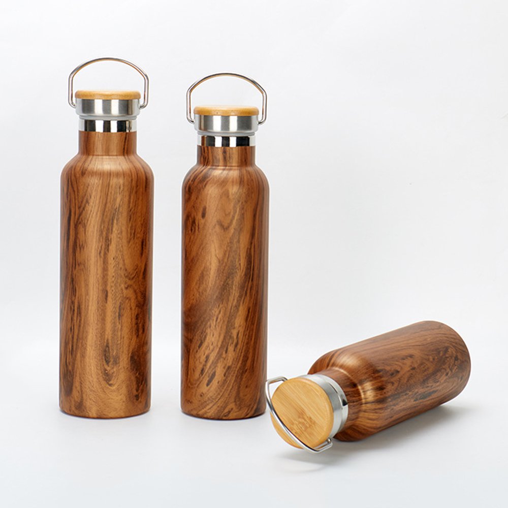 Wholes Wood Grain Hydro Stainless Steel Water Bottle with Bamboo Lid Outdoor Wide Mouth Sport Thermos Vacuum Flask