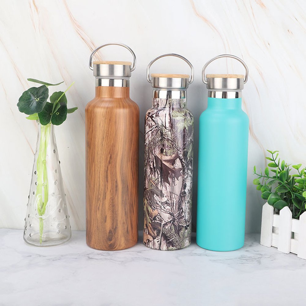 Wholes Wood Grain Hydro Stainless Steel Water Bottle with Bamboo Lid Outdoor Wide Mouth Sport Thermos Vacuum Flask