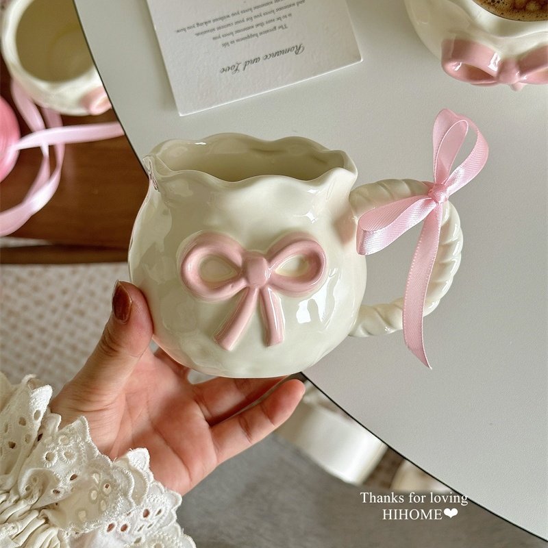 Lelyi Factory made Ins Cute Relief Pink Bow Runaway Princess Ceramic Mug Exquisite Afternoon Tea Coffee Cup Wholesale