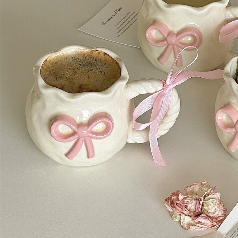 Lelyi Factory made Ins Cute Relief Pink Bow Runaway Princess Ceramic Mug Exquisite Afternoon Tea Coffee Cup Wholesale