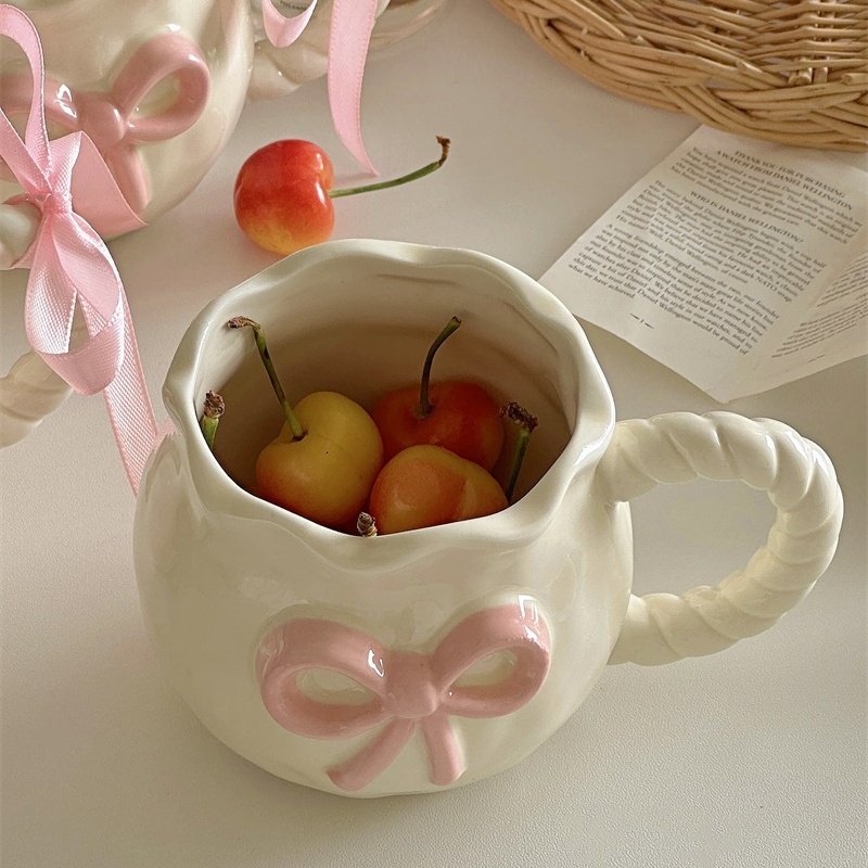 Lelyi Factory made Ins Cute Relief Pink Bow Runaway Princess Ceramic Mug Exquisite Afternoon Tea Coffee Cup Wholesale