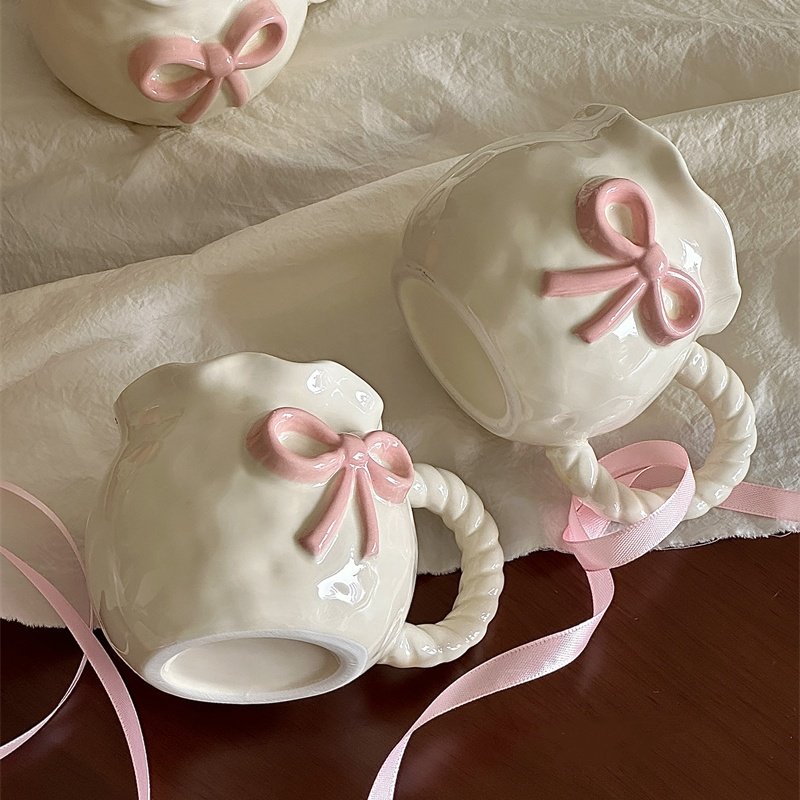 Lelyi Factory made Ins Cute Relief Pink Bow Runaway Princess Ceramic Mug Exquisite Afternoon Tea Coffee Cup Wholesale