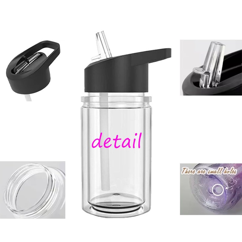 BPA Free 300ml 10oz Pre Drilled Clear Double Wall Plastic Kids Water Bottle Snow Globe Snowglobe Tumbler Cup with Flip Straw