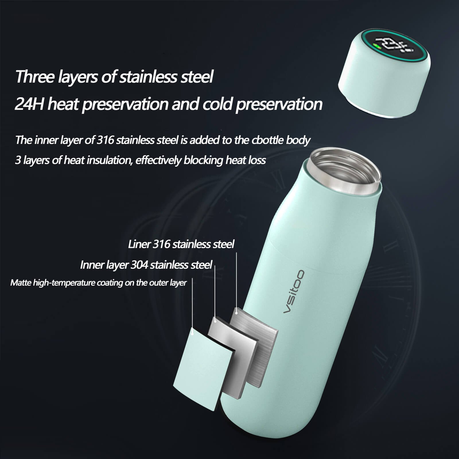 Customized smart vacuum flasks thermoses stainless steel water Bottle Magnetic Charger Water quality Test Temperature Display
