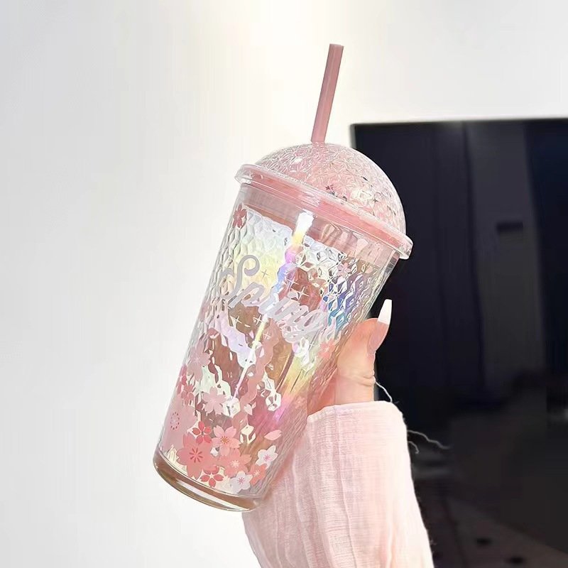 2024 Innovative Design Pink Cherry Blossom Glass Water Bottle with Straw To Support Custom Drink Cups Girls Favorite