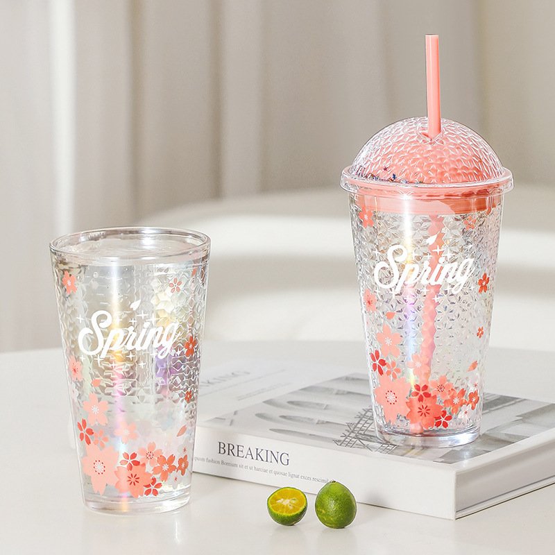 2024 Innovative Design Pink Cherry Blossom Glass Water Bottle with Straw To Support Custom Drink Cups Girls Favorite