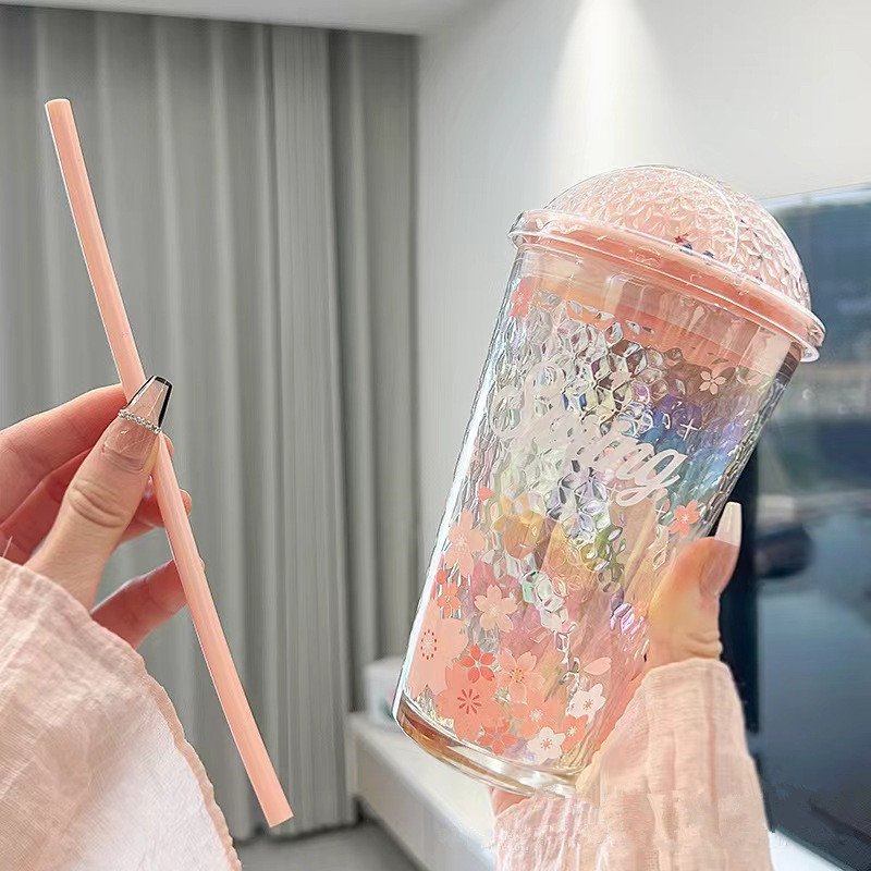 2024 Innovative Design Pink Cherry Blossom Glass Water Bottle with Straw To Support Custom Drink Cups Girls Favorite