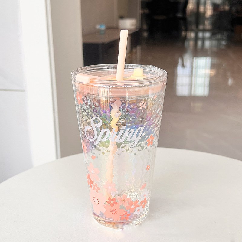 2024 Innovative Design Pink Cherry Blossom Glass Water Bottle with Straw To Support Custom Drink Cups Girls Favorite