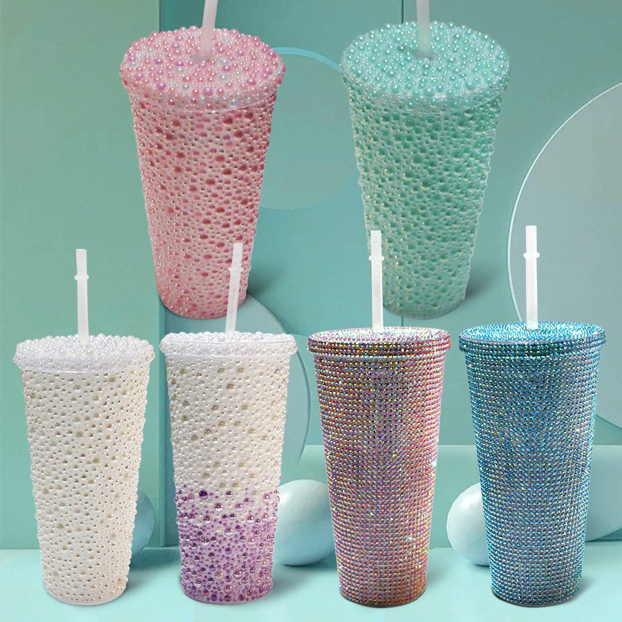 Wholesale Luxury 22oz 650ML Double Wall Diamond Water Bottle Glitter Coffee Mug Plastic Studded Bling Tumbler Cups with Straw