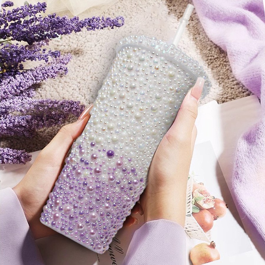 Wholesale Luxury 22oz 650ML Double Wall Diamond Water Bottle Glitter Coffee Mug Plastic Studded Bling Tumbler Cups with Straw