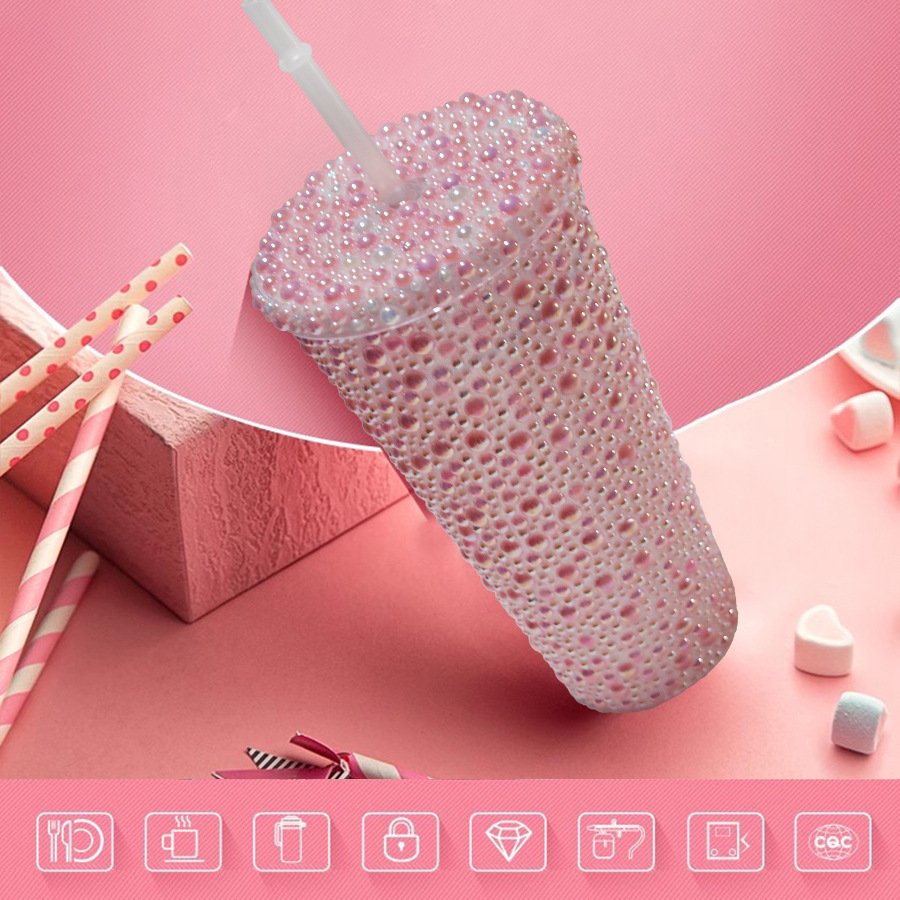 Wholesale Luxury 22oz 650ML Double Wall Diamond Water Bottle Glitter Coffee Mug Plastic Studded Bling Tumbler Cups with Straw