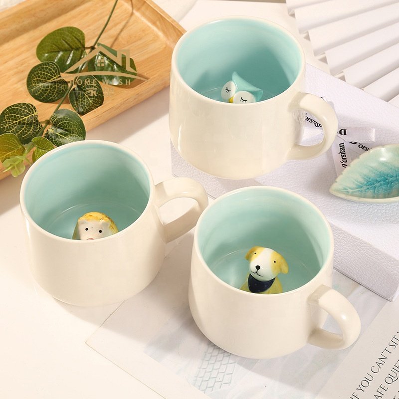 Inside Printed Custom Logo Cute 3D Animal Inside Tea Cup Cartoon Ceramic Mug for Birthday Giveaways For Birthday Gift