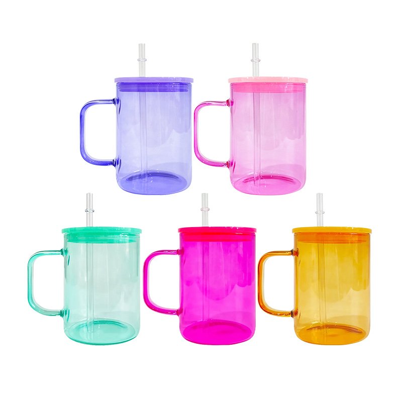 Blank sublimation colored Tea Milk Beer coffee ice cold 17oz clear jelly glass mugs with plastic pp lid and straw For Heat Press