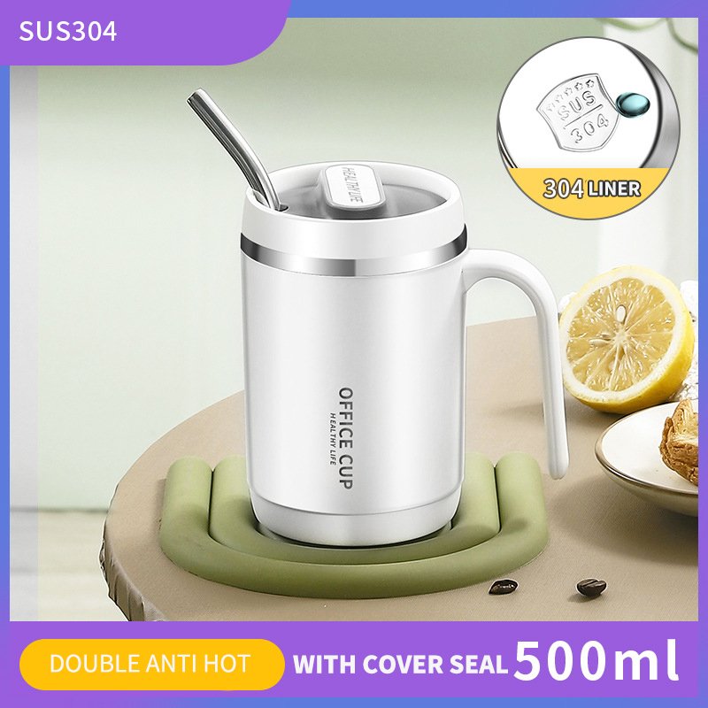 500ml classic 304 Stainless Steel insulated Thermal milk Mug Breakfast Cup Travel Coffee Mugs With Straws lid logo