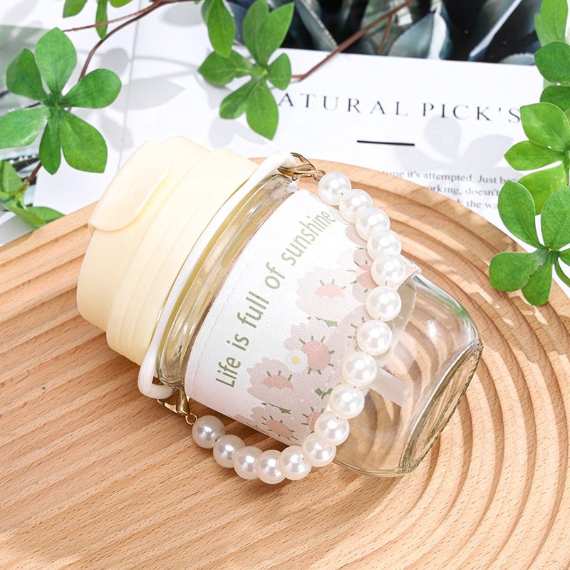 Aesthetic Elegant Glass Water Bottle with Pearl Aesthetic Elegant Water Bottle Coffee Portable Chain Mug Gift