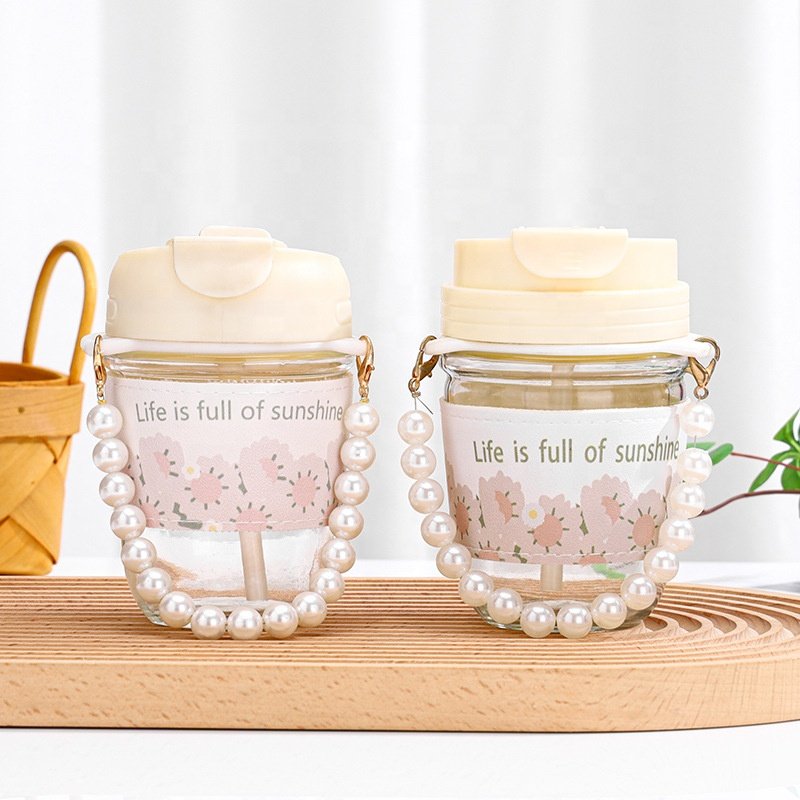 Aesthetic Elegant Glass Water Bottle with Pearl Aesthetic Elegant Water Bottle Coffee Portable Chain Mug Gift