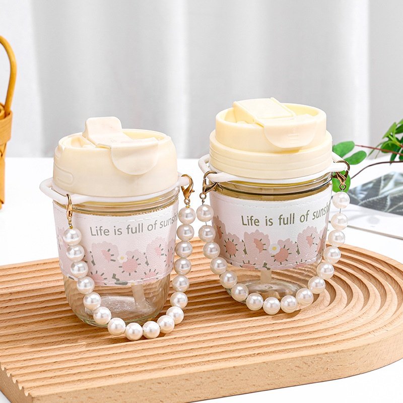 Aesthetic Elegant Glass Water Bottle with Pearl Aesthetic Elegant Water Bottle Coffee Portable Chain Mug Gift
