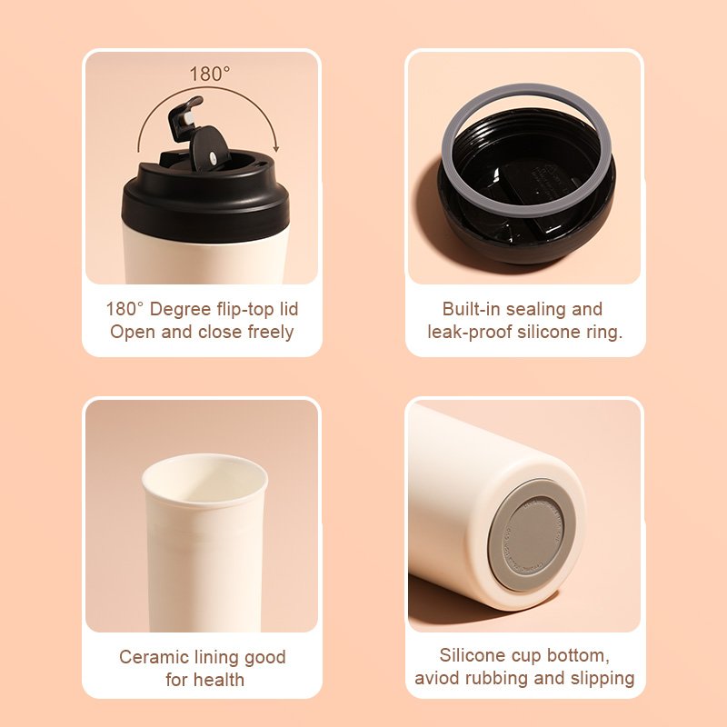 400ml Portable Leak proof New Bone CERAMIC LINER coffee travel mug with insulated plastic body
