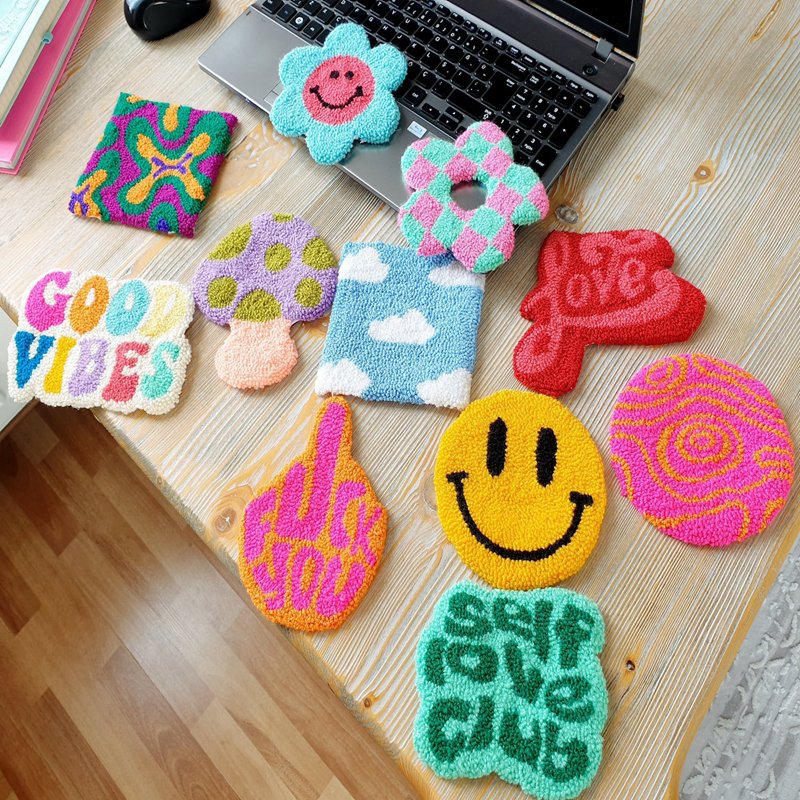 Custom color handmade self love club embroidery punch needle mug rug coasters for home decor