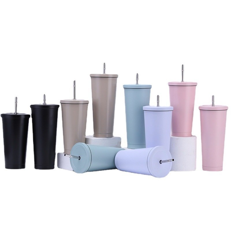 500ml/750ml Stainless Steel Skinny Double Wall Travel Car Thermal Coffee Mug Tea Wine Tumbler Cup with Durable Straw Lid