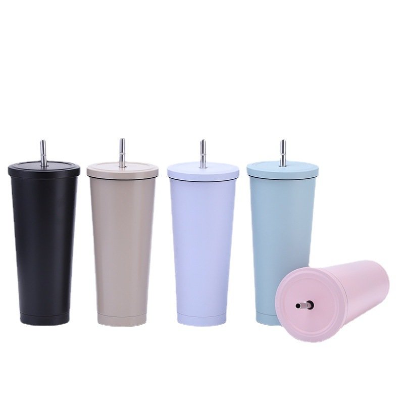 500ml/750ml Stainless Steel Skinny Double Wall Travel Car Thermal Coffee Mug Tea Wine Tumbler Cup with Durable Straw Lid