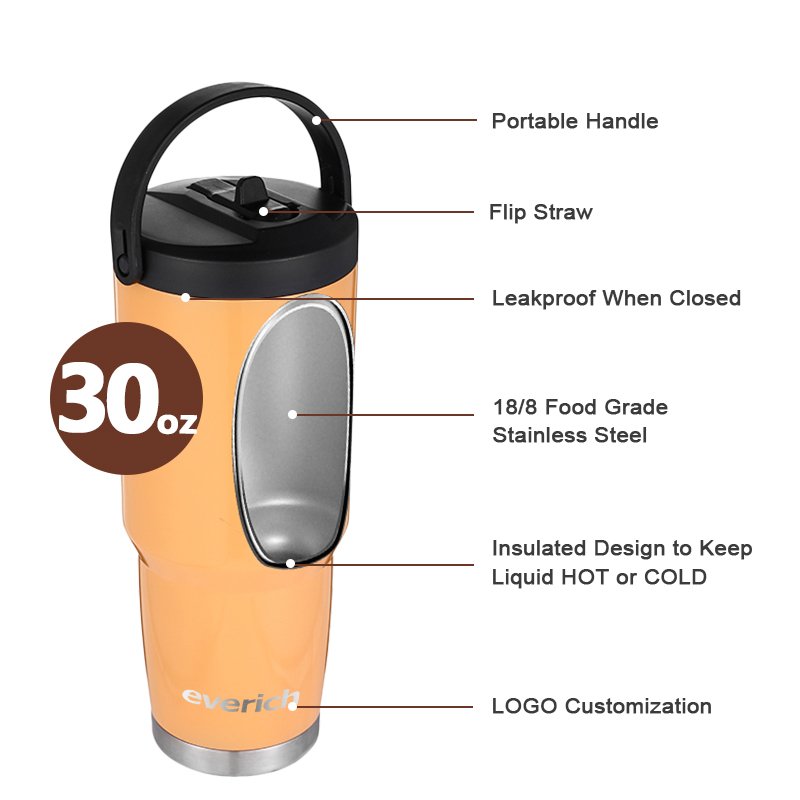 2022 Everich new design Double wall stainless steel beer mug tumbler 20oz 30oz with strew handle lid